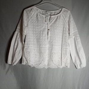 Fever White Hollow-Out Floral Pattern Long Puff Sleeves Women's Size M